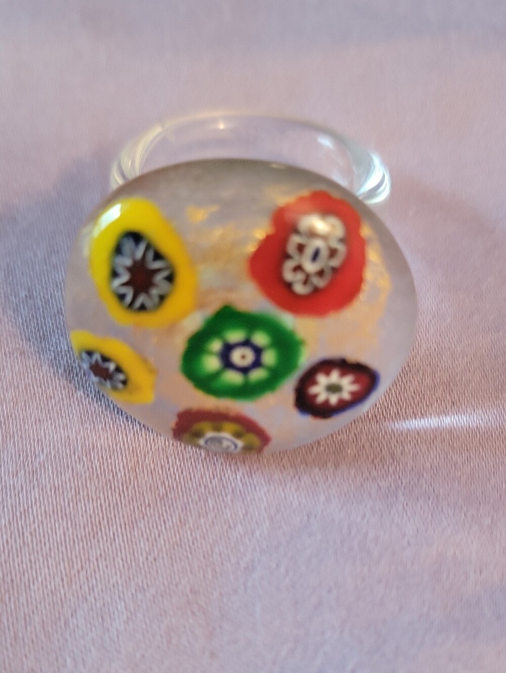 Colorful Millefiori Glass Flower Ring - Clear with Red, Yellow & Green Accents